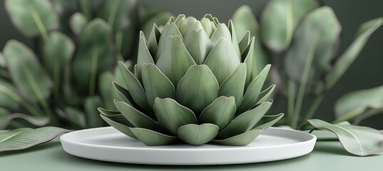 Wall Mural - An artichoke rests on a white plate against a green backdrop, captured in a minimalist studio setup.