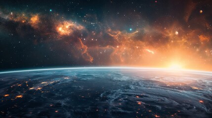 Wall Mural - This stunning artwork presents a view of a galaxy with a bright sunrise over an extraterrestrial ocean landscape