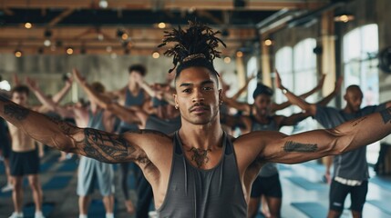 Wall Mural - A group of men in yoga attire stretching their arms out t