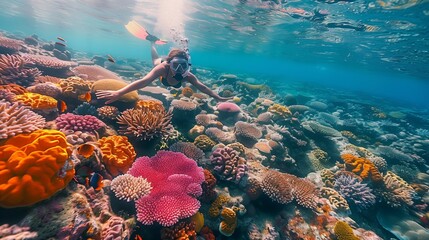 Exploring the colorful reefs snorkeling in the Great Barrier Reef, underwater beauty, YouTube thumbnail with copy space for text on left