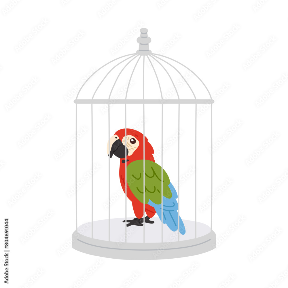 Vector illustration cute doodle macaw parrot in cage for digital stamp ...
