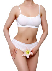 Wall Mural - Beautiful slim body of young lady in white underwear. Studio shot.  Woman holding a lily flower, isolated