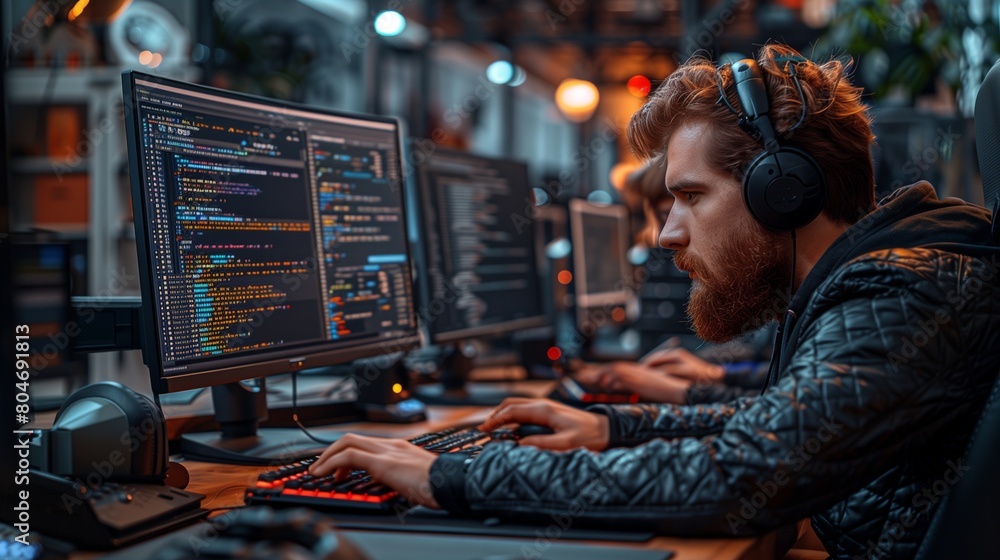 Tech startup team debugging software on dual monitors, intense focus in ...