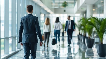 Wall Mural - A professional businessman walks towards a meeting in a bright, contemporary corridor of a corporate building