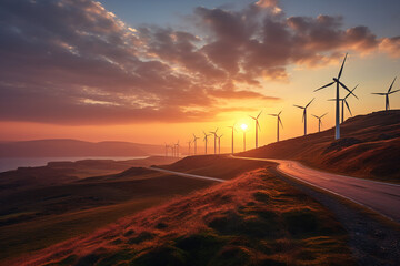 Poster - A row of wind turbines against the backdrop of a colorful sunset, harnessing the power of the evening breeze