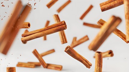 Poster - Dynamic cinnamon sticks suspended in air with pieces scattering, capturing motion and flavor. Perfect for culinary and spice themes. AI