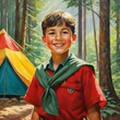 Boy scout, pioneer at tent in the forest