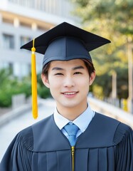 Wall Mural - Asian Female Graduate - Celebrating Graduation from College or University - Wearing Graduation Attire - Graduation Hat and Robes - Succesfull Young Adult or Teenager Smiling and Happy