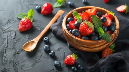 Wall Mural - Fresh Summer Berries in a Wooden Bowl, Mint Leaves Adornment, Healthy Snack Concept, Dark Textured Background. Ideal for Food Blogs and Magazines. Generated by AI.