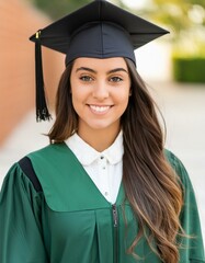 Wall Mural - Latin Female Graduate - Celebrating Graduation from College or University - Wearing Graduation Attire - Graduation Hat and Robes - Succesfull Young Adult or Teenager Smiling and Happy
