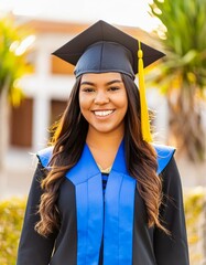 Wall Mural - Latin Female Graduate - Celebrating Graduation from College or University - Wearing Graduation Attire - Graduation Hat and Robes - Succesfull Young Adult or Teenager Smiling and Happy
