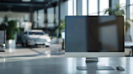 An unoccupied computer monitor sits atop a clean desk in a bright and modern car dealership office environment