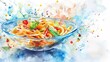 Thai Som Tum with fresh shrimp in a bowl. Thai salad garnished with vegetables and herbs. Concept of authentic Asian cuisine, traditional dish. Watercolor art