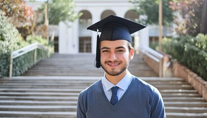 Wall Mural - Latin Male Graduate - Celebrating Graduation from College or University - Wearing Graduation Attire - Graduation Hat and Robes - Succesfull Young Adult or Teenager Smiling and Happy
