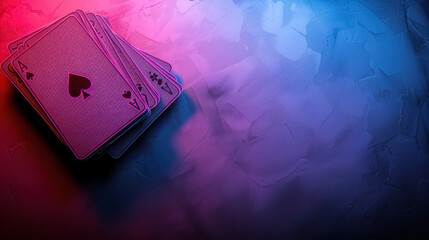 Wall Mural - Image of Playing Cards with Neon Pink and Blue Lighting, with copy space for text