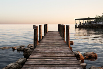 Wall Mural - A rustic wooden dock extending into the shimmering waters at dusk, isolated on solid white background.