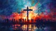 © Ibad - Many people around the cross, christian concept, modern painting
