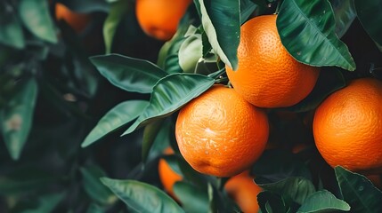 Poster - Fresh oranges hanging on a tree with lush green leaves. Vibrant citrus fruit growing in nature. Ideal for healthy lifestyle promotion. Natural, organic produce theme. AI