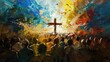 © Ibad - Many people around the cross, christian concept, modern painting