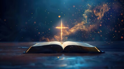 Open book with glowing cross on dark blue background. Religious concept