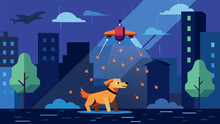 As The Rain Poured Down A Pet Finder Drone Tirelessly Scanned The Deserted Streets For A Lost Dog Whose Owners Feared It Had Been Swept Away In A. Vector Illustration