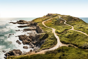 Wall Mural - A scenic coastal path winding along cliffs with panoramic views of the ocean, isolated on solid white background.