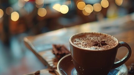 Wall Mural - A soft focus image of a cup of hot chocolate with shallow depth of field and blurred surroundings, creating a cozy atmosphere.