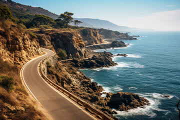 Sticker - A scenic coastal road winding through rugged cliffs overlooking the ocean, isolated on solid white background.