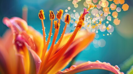 Close-up of a stunning orange lily with water droplets and a beautiful bokeh background highlighting the texture and colors