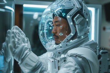 Wall Mural - An astronaut in advanced space gear is focused on analyzing information or data with a visor display inside a spaceship