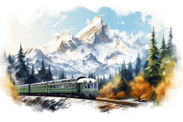 Wall Mural - A scenic train journey passing through snow-capped mountains and pine forests, isolated on solid white background.