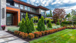 Modern home front yard with geometrically trimmed tall shrubs and clusters of small colorful perennials