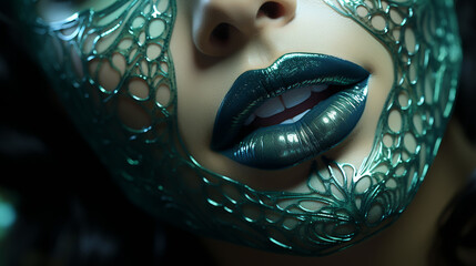 Wall Mural - Macro and close-up creative make-up theme: beautiful female lips with a matte green lipstick