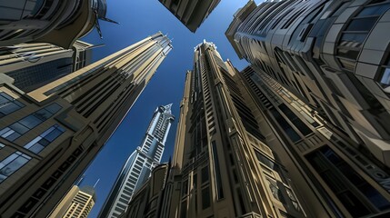 Wall Mural - a worm's-eye view capturing the towering presence of skyscrapers as they reach towards the blue sky,