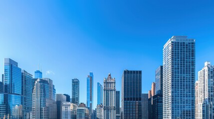 Wall Mural - clear blue sky backdrop sets the stage for a stunning skyline of sleek modern skyscrapers, symbolizi