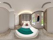 3d render of luxury hotel room, 360 degrees view of bedroom