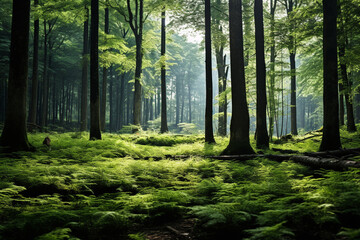 Wall Mural - A serene forest clearing with dappled sunlight filtering through the trees onto fern-covered ground, isolated on solid white background.