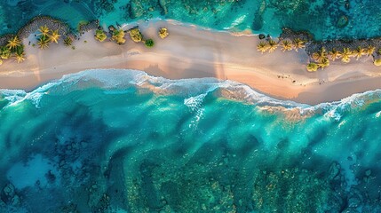 Wall Mural -   Aerial shot of a sandy coastline adjacent to water with palms overhead