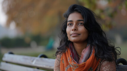 Wall Mural - Young indian woman seating on the bench at park