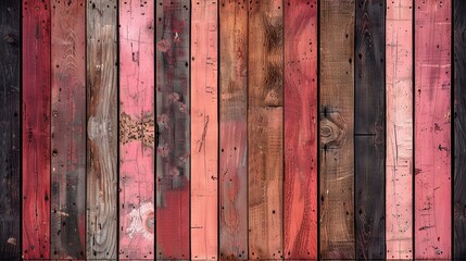 Wall Mural -    a wooden wall with red and black striped paint on its sides, emphasizing the detail of the wooden planks
