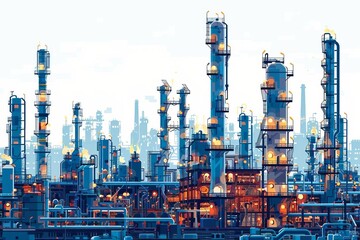 Industrial factories silhouette background Blue oil refinery complex with pipes and tanks gas production rigs with endless steel vector landscape