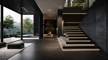 Sleek entrance hall in dark charcoal, featuring a modern staircase and panoramic windows in an upscale American home.