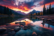 A serene lake surrounded by mountains, with the vibrant colors of the sunset reflected in its calm waters