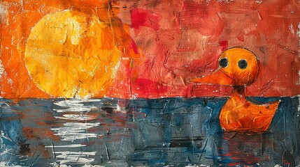 Wall Mural -   A duck floating on water in front of orange-red sky with the sun in the background