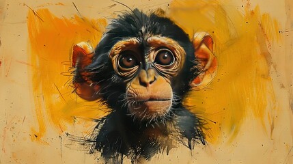 Wall Mural -   A monkey's surprised face is depicted in a painting against a yellow backdrop