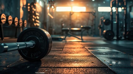 Golden hour sunlight casting a warm glow on gym weight equipment, capturing the essence of end-of-day workouts