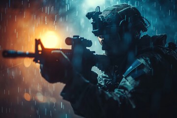 Poster - In the pouring rain, a focused soldier takes careful aim with his rifle, symbolizing the harsh conditions of combat