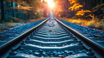 Wall Mural -   A train track in a forest, illuminated by sunlight filtering through the canopy above