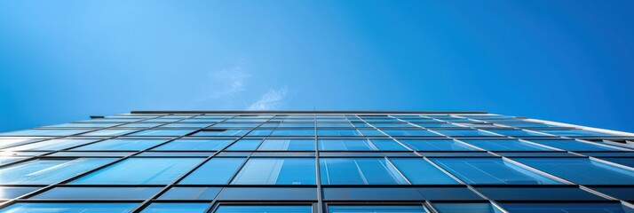 Wall Mural - the imposing perspective of a reflective glass skyscraper stretches into a deep blue sky, symbolizin