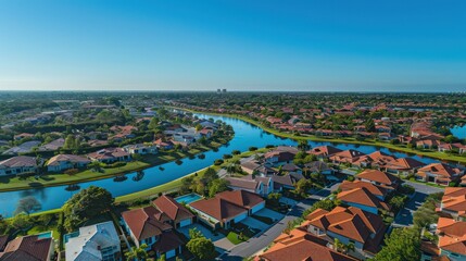 An aerial shot capturing a sprawling suburban area with homes neatly arranged along curvy waterways against a clear blue sky